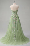 Strapless Green Floral Embroidered A-Line Tulle Formal Dress