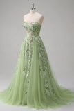 Strapless Green Floral Embroidered A-Line Tulle Formal Dress