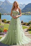 Strapless Green Floral Embroidered A-Line Tulle Formal Dress