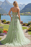 Strapless Green Floral Embroidered A-Line Tulle Formal Dress