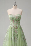 Strapless Green Floral Embroidered A-Line Tulle Formal Dress