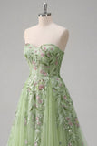 Strapless Green Floral Embroidered A-Line Tulle Formal Dress