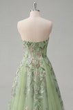 Strapless Green Floral Embroidered A-Line Tulle Formal Dress