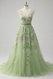 Green V-Neck Floral Embroidered A-Line Tulle Formal Dress