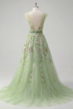Green V-Neck Floral Embroidered A-Line Tulle Formal Dress