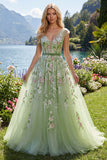 Green V-Neck Floral Embroidered A-Line Tulle Formal Dress