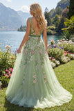 Green V-Neck Floral Embroidered A-Line Tulle Formal Dress