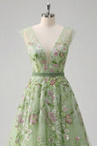 Green V-Neck Floral Embroidered A-Line Tulle Formal Dress