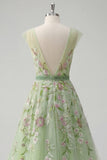 Green V-Neck Floral Embroidered A-Line Tulle Formal Dress