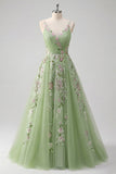 Green Spaghetti Straps Floral A Line Tulle Formal Dress