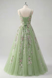 Green Spaghetti Straps Floral A Line Tulle Formal Dress
