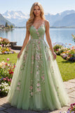 Green Spaghetti Straps Floral A Line Tulle Formal Dress