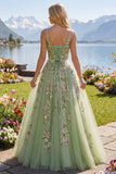 Green Spaghetti Straps Floral A Line Tulle Formal Dress