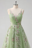 Green Spaghetti Straps Floral A Line Tulle Formal Dress