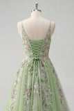 Green Spaghetti Straps Floral A Line Tulle Formal Dress