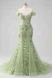 Off The Shoulder Green Mermaid Embroidered Tulle Formal Dress