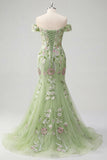 Off The Shoulder Green Mermaid Embroidered Tulle Formal Dress