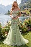 Off The Shoulder Green Mermaid Embroidered Tulle Formal Dress