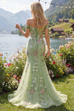 Off The Shoulder Green Mermaid Embroidered Tulle Formal Dress
