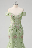 Off The Shoulder Green Mermaid Embroidered Tulle Formal Dress