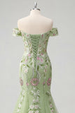 Off The Shoulder Green Mermaid Embroidered Tulle Formal Dress
