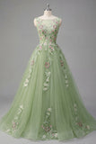 Green Floral Bateau Neck A Line Appliqued Formal Dress