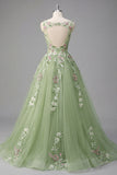 Green Floral Bateau Neck A Line Appliqued Formal Dress