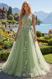 Green Floral Bateau Neck A Line Appliqued Formal Dress