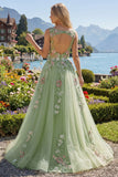 Green Floral Bateau Neck A Line Appliqued Formal Dress