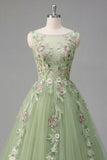Green Floral Bateau Neck A Line Appliqued Formal Dress