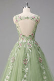 Green Floral Bateau Neck A Line Appliqued Formal Dress