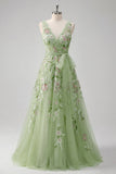 Green Floral V Neck A Line Appliqued Formal Dress