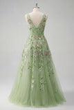 Green Floral V Neck A Line Appliqued Formal Dress
