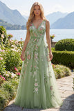 Green Floral V Neck A Line Appliqued Formal Dress