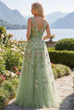 Green Floral V Neck A Line Appliqued Formal Dress