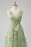 Green Floral V Neck A Line Appliqued Formal Dress