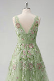 Green Floral V Neck A Line Appliqued Formal Dress