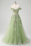Off The Shoulder Floral Corset Green A Line Formal Dress