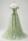 Off The Shoulder Floral Corset Green A Line Formal Dress