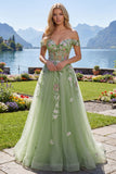 Off The Shoulder Floral Corset Green A Line Formal Dress