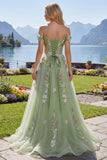 Off The Shoulder Floral Corset Green A Line Formal Dress