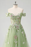 Off The Shoulder Floral Corset Green A Line Formal Dress