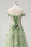 Off The Shoulder Floral Corset Green A Line Formal Dress
