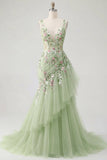 Green Floral V Neck Ruffled Mermaid Appliqued Formal Dress