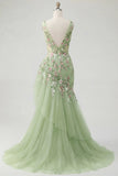 Green Floral V Neck Ruffled Mermaid Appliqued Formal Dress