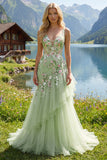 Green Floral V Neck Ruffled Mermaid Appliqued Formal Dress