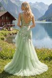 Green Floral V Neck Ruffled Mermaid Appliqued Formal Dress