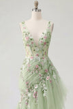 Green Floral V Neck Ruffled Mermaid Appliqued Formal Dress