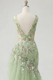 Green Floral V Neck Ruffled Mermaid Appliqued Formal Dress