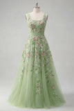 Square Neck Green Floral A Line Appliqued Formal Dress